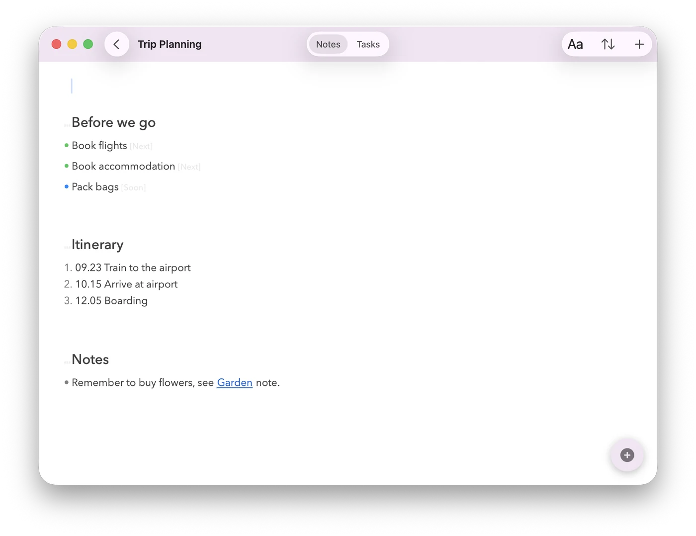 Subnotes on a Mac, showing the Trip Planning notebook: a "Before we go" heading with the tasks Book flights, Book accommodation and Pack bags tagged Next, Next and Soon, then a numbered itinerary.
