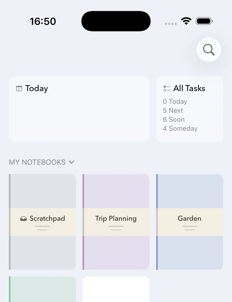 The Subnotes home screen on iPhone: Today and All Tasks summary cards above notebooks named Scratchpad, Trip Planning and Garden.
