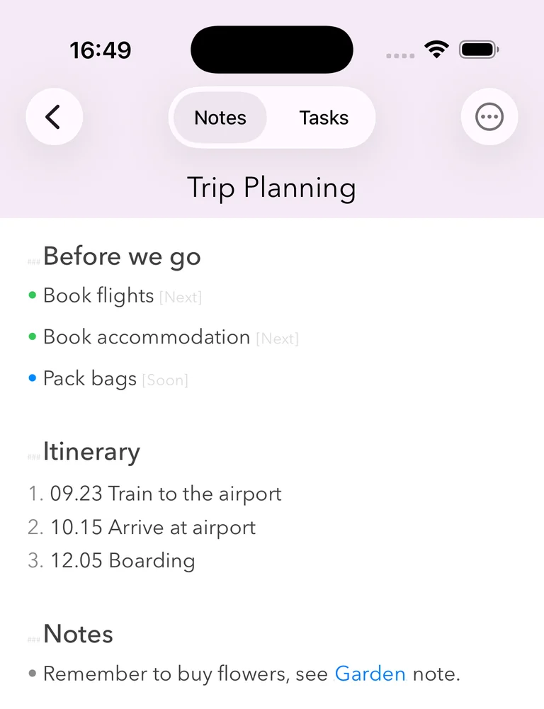 A note on iPhone headed "Before we go", with three tasks written as bullet points and tagged Next, Next and Soon, above a numbered itinerary.