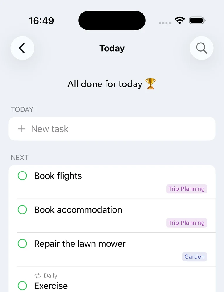 The All Tasks screen on iPhone: an empty Today section above a Next section listing "Book flights" and "Book accommodation", each labelled with the notebook it came from.